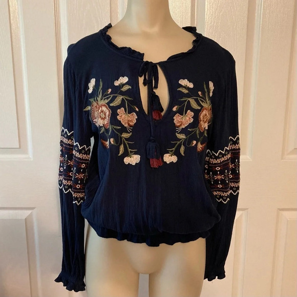 American Eagle Boho Embroidered Navy Blouse S - Picture 1 of 16